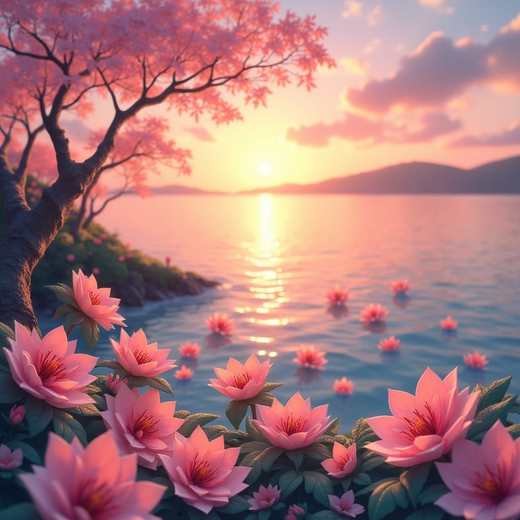 Surreal Origami Landscape with Soft Focus Florals and Sunset...
