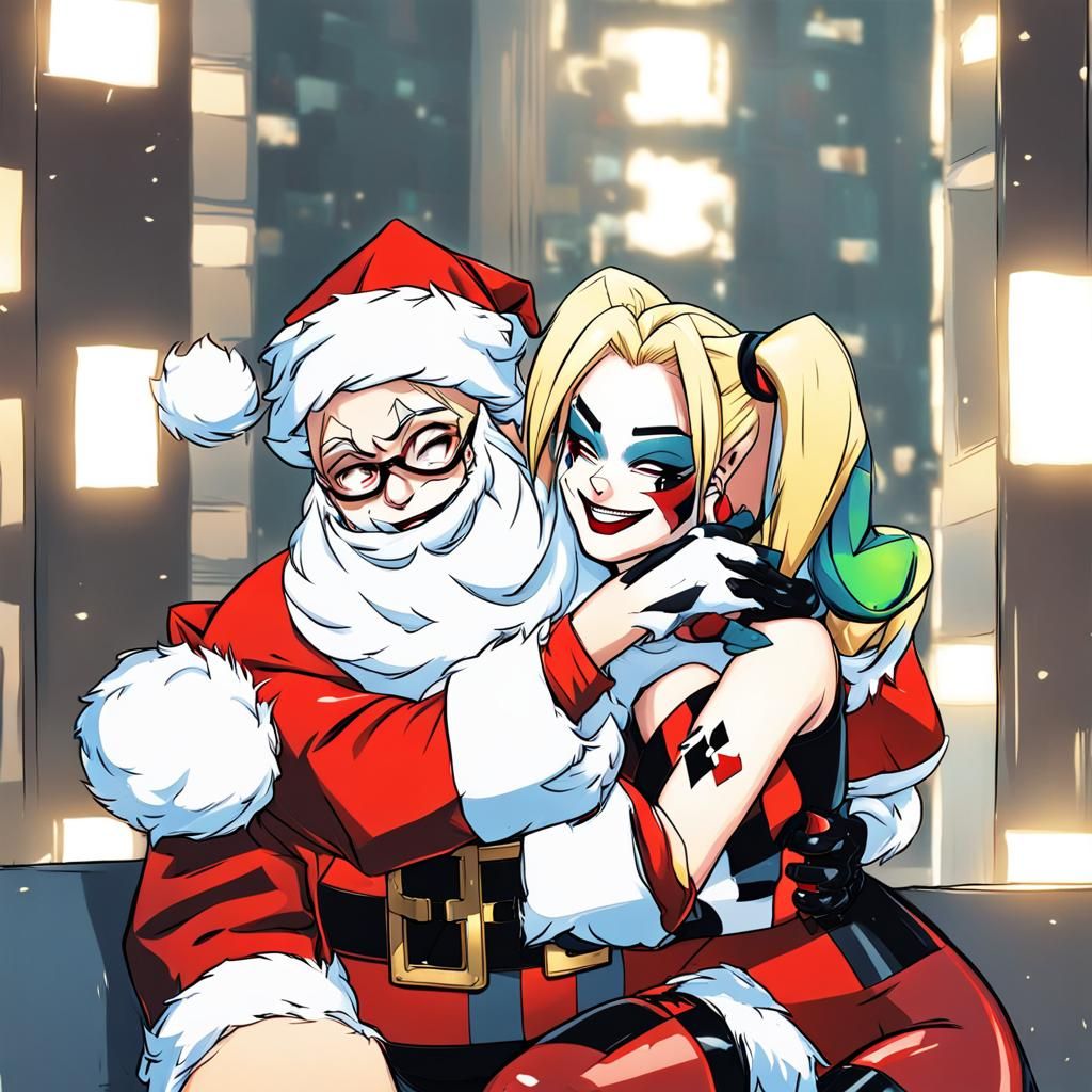 Harley Quinn Hugs Santa Claus in Anime Style