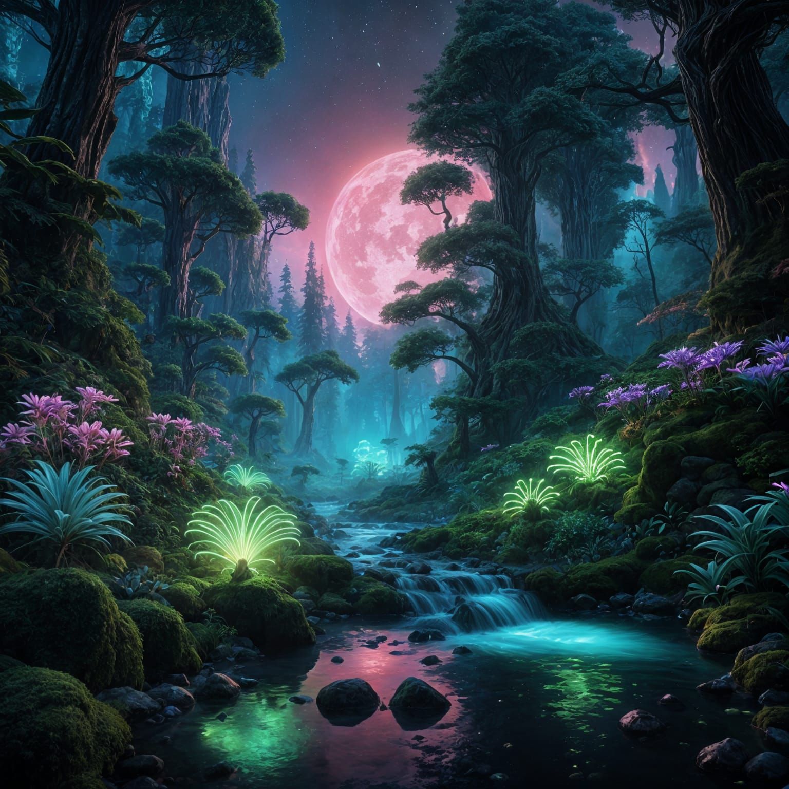 Lush Bioluminescent Forest: Fantasy Concept Art