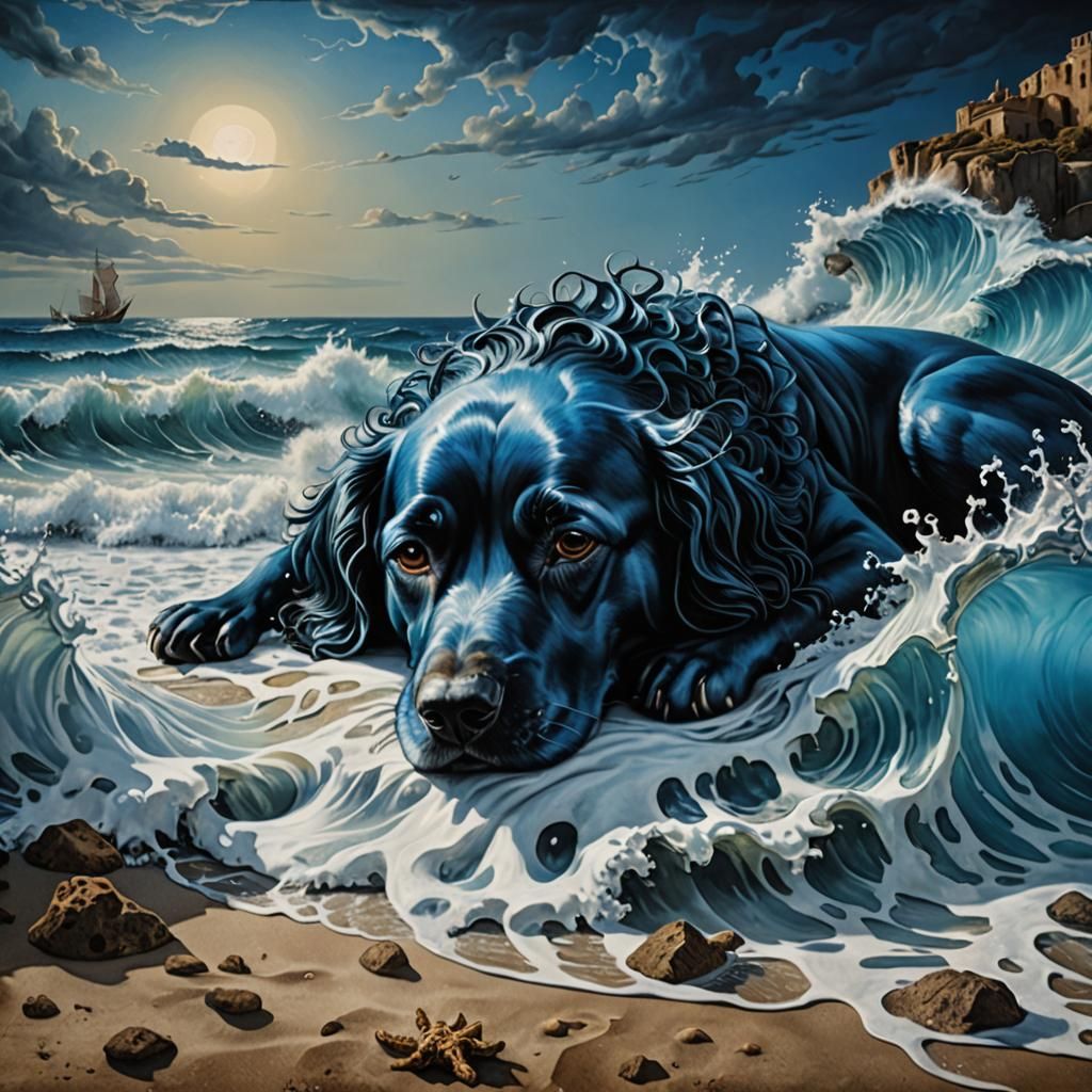 Hyperrealistic Blue Dog Dreaming Under Ocean Waves