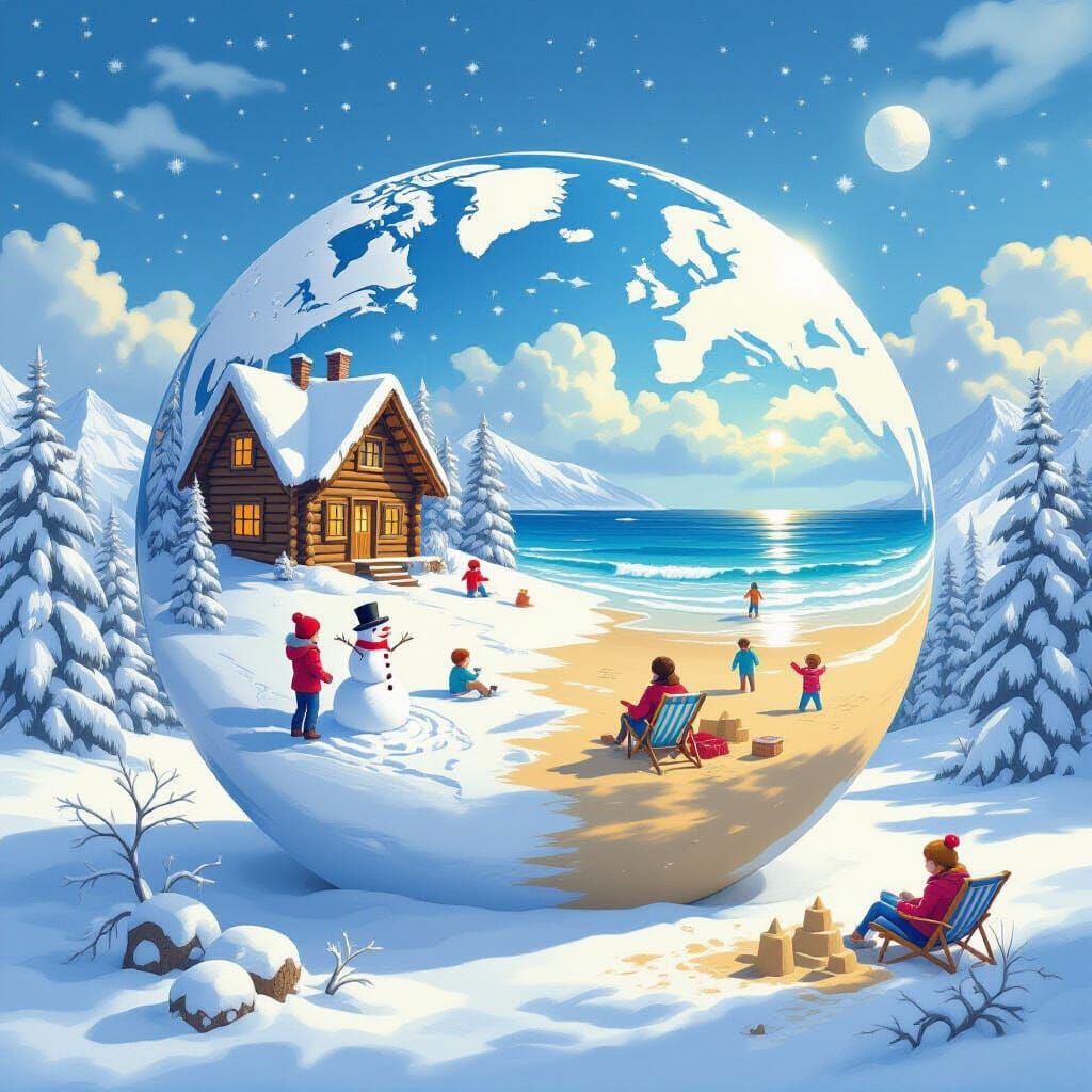 Globe Contrasts Winter Snowfall and Summer Beach Serenity