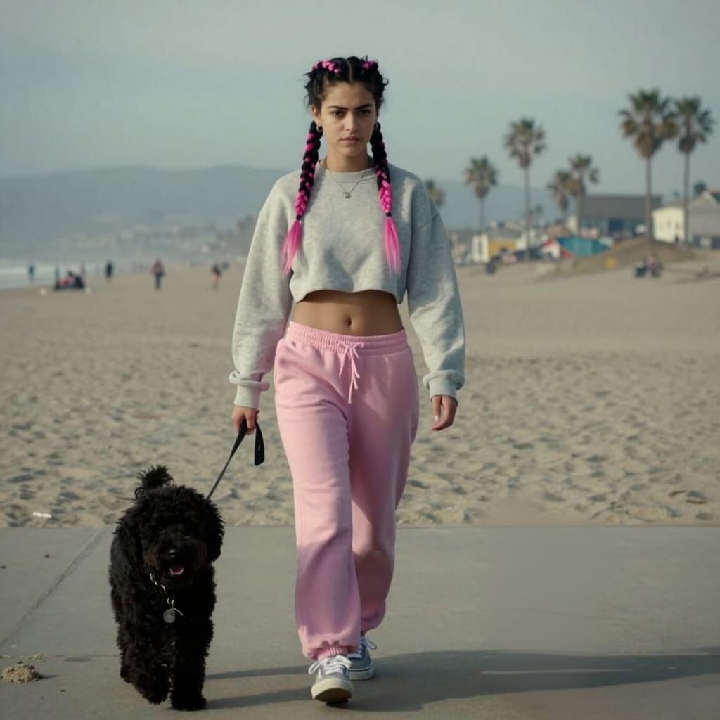 Punk Girl with Pink Hair and Cavapoo on Venice Beach