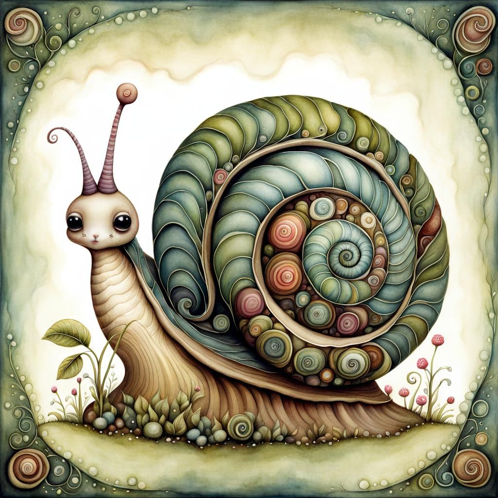Whimsical Snail Illustration in Alcohol Ink Style