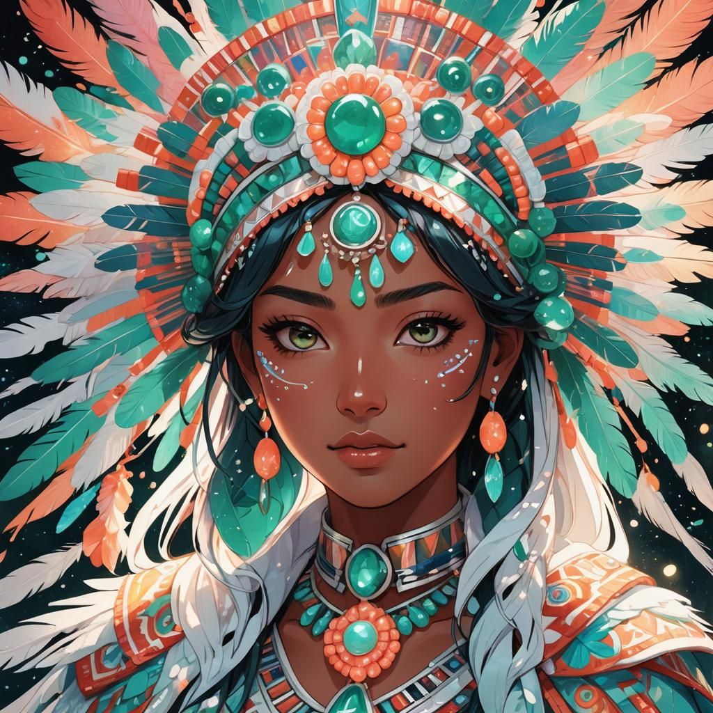 Vibrant Anime Portrait: Mexicana Girl in Aztec Headdress