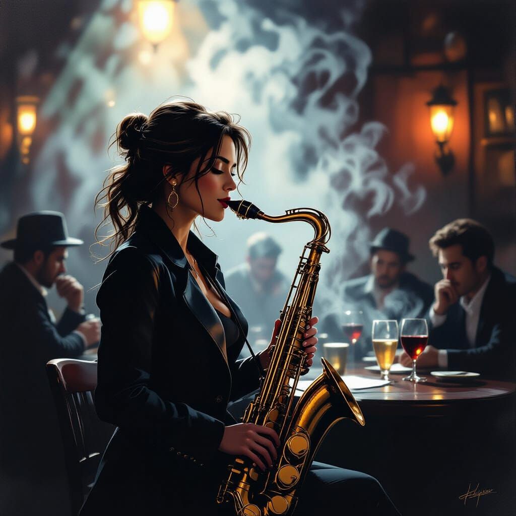 Lonely Saxophone Player in Dimly Lit Jazz Club