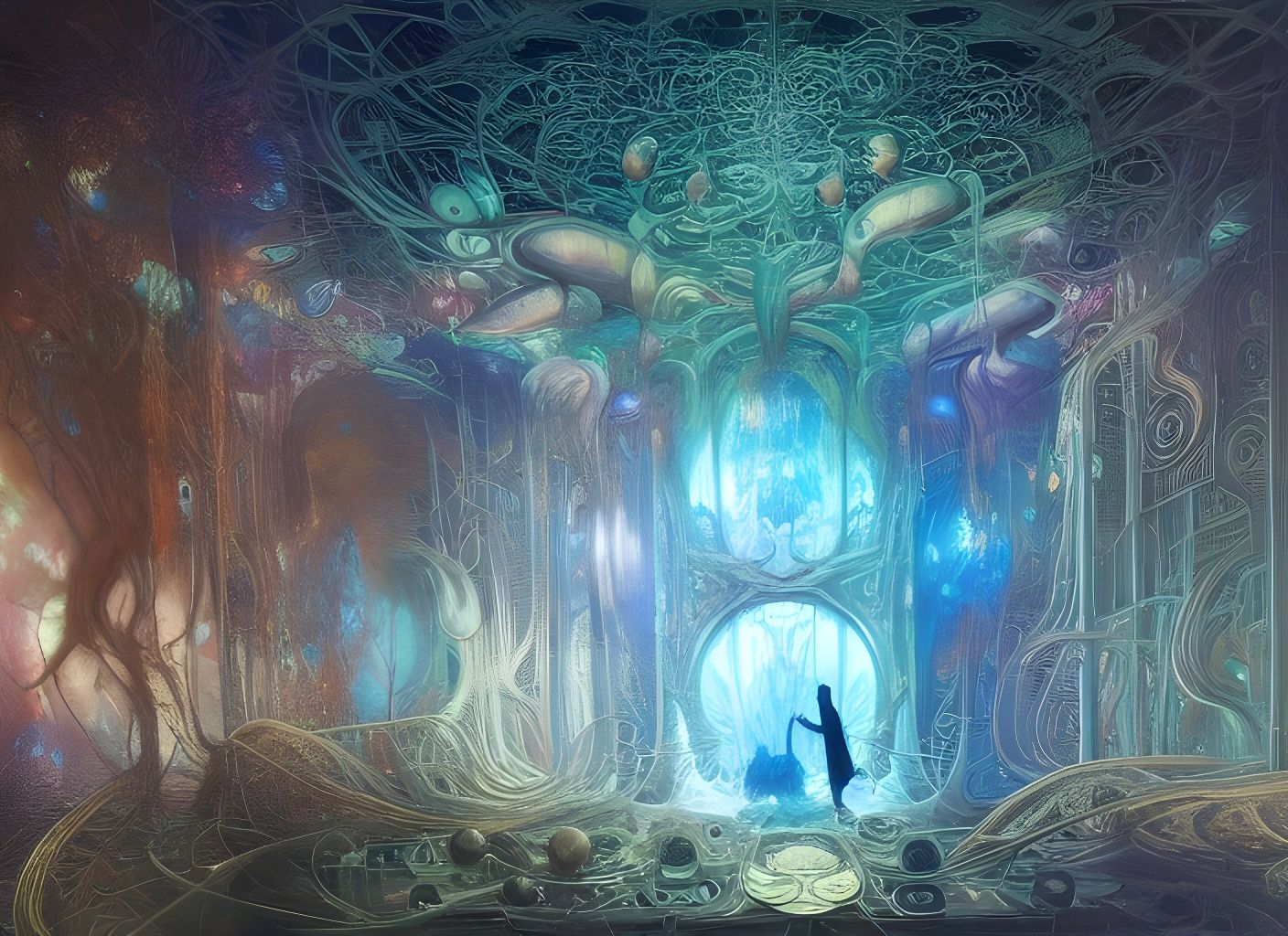 Intricate Fractal Mycelium Network in Psychedelic Art Style