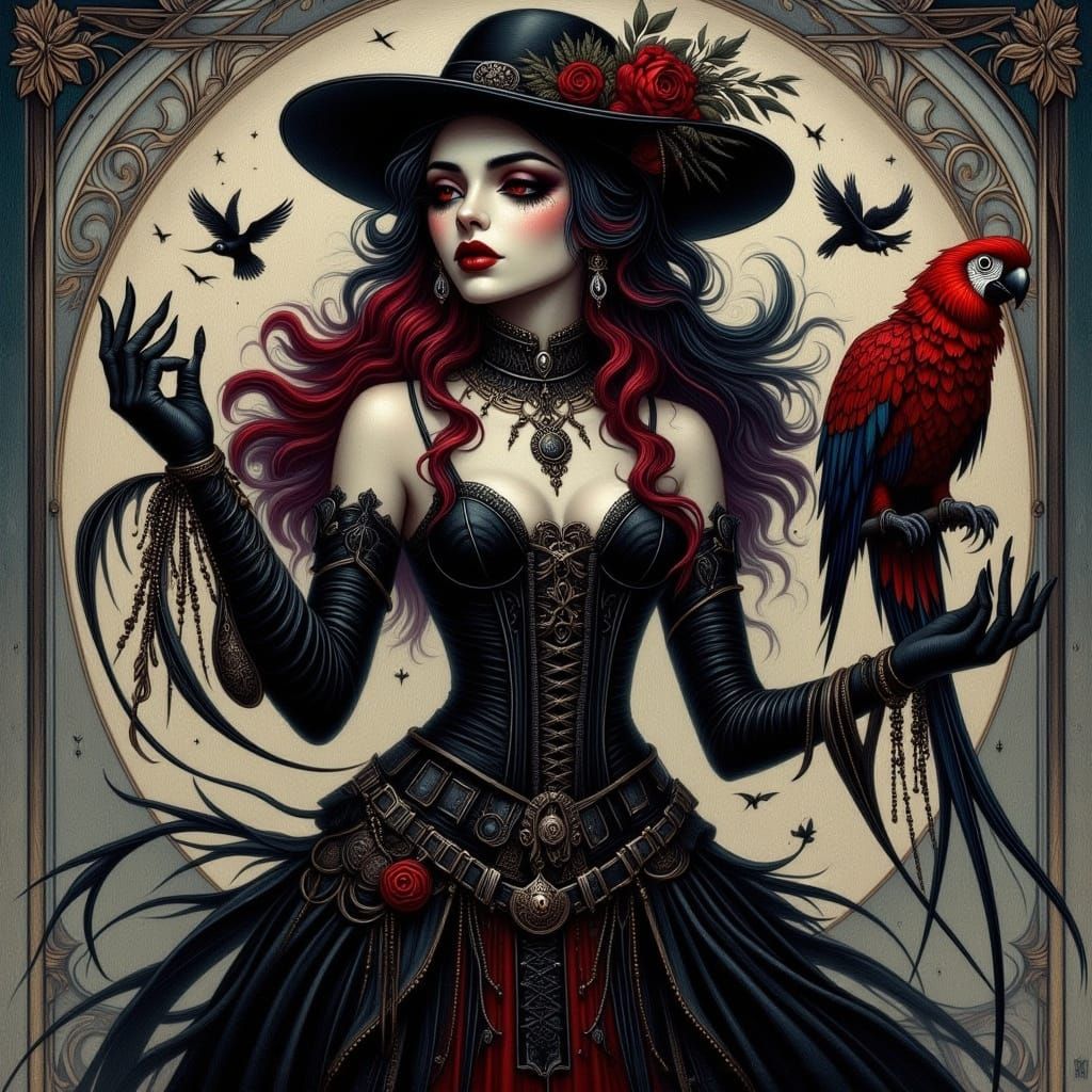 Goth Pirate Woman with Parrot in Neo Art Nouveau Style