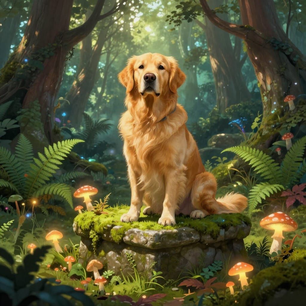 Golden Retriever in Enchanted Forest Fantasy Illustration
