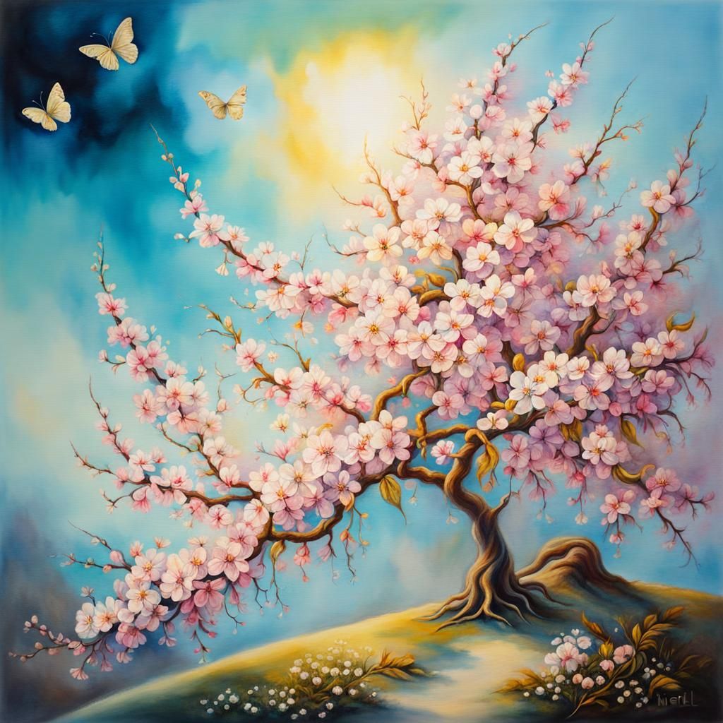 Bioluminescent Cherry Blossom Branch in Watercolor Style