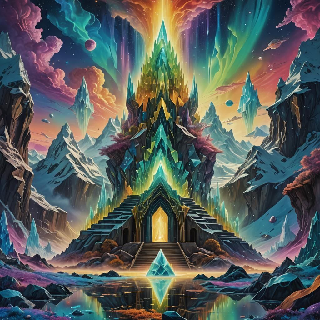 Cosmic Alien Temple in Crystal Mountain, Surreal Art
