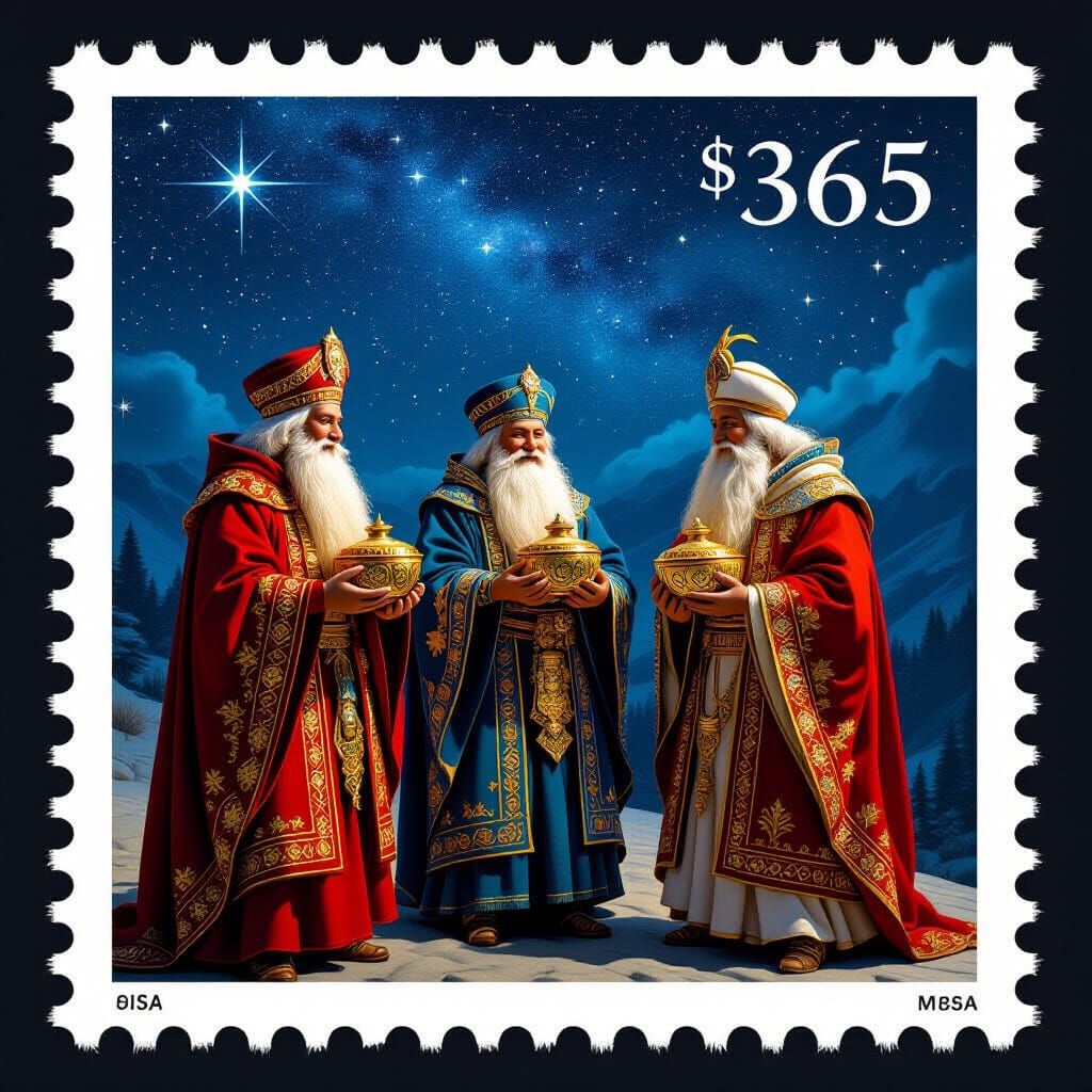 Three Wise Men on Ornate Postage Stamp