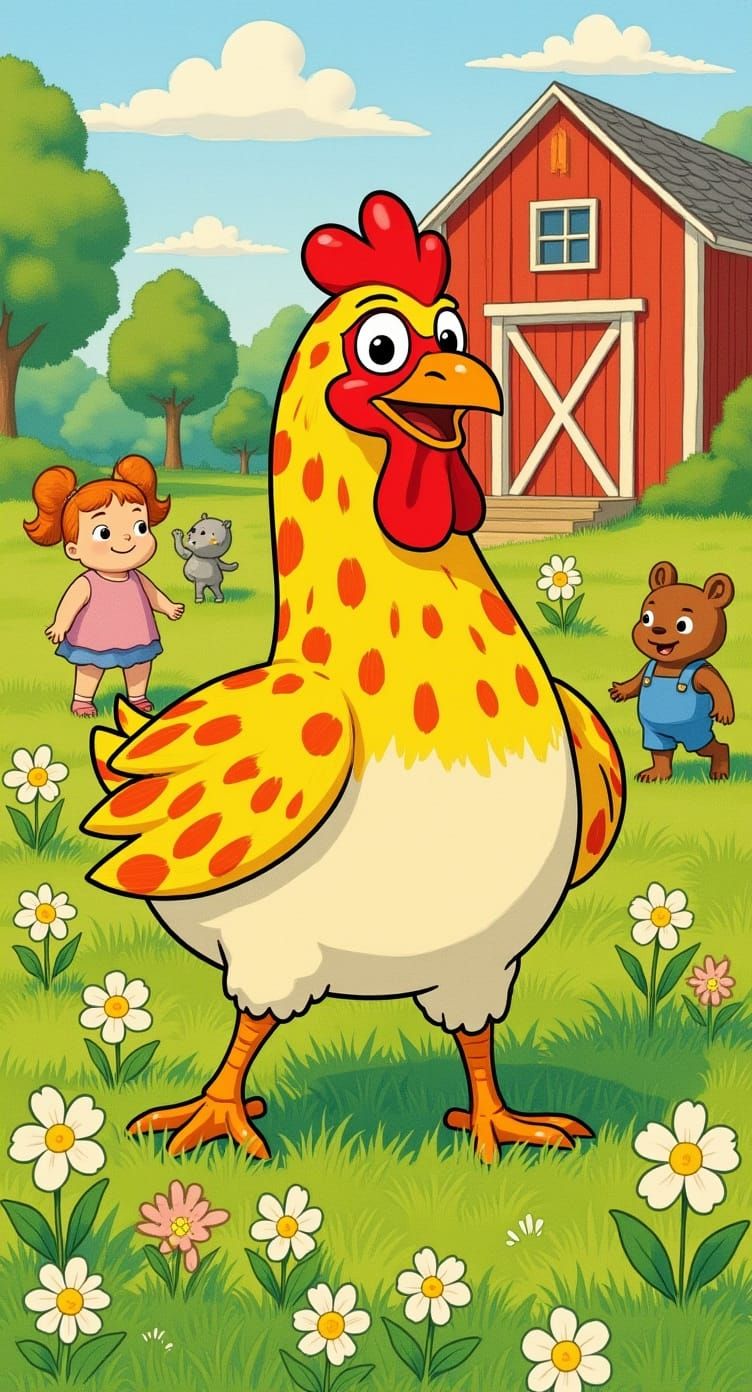 a goofy-looking chicken wandering around a vibrant farm