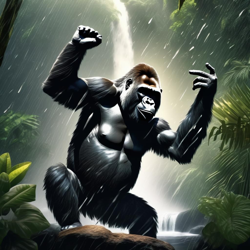 a gorilla doing a DAB in the middle of rain tropical forest