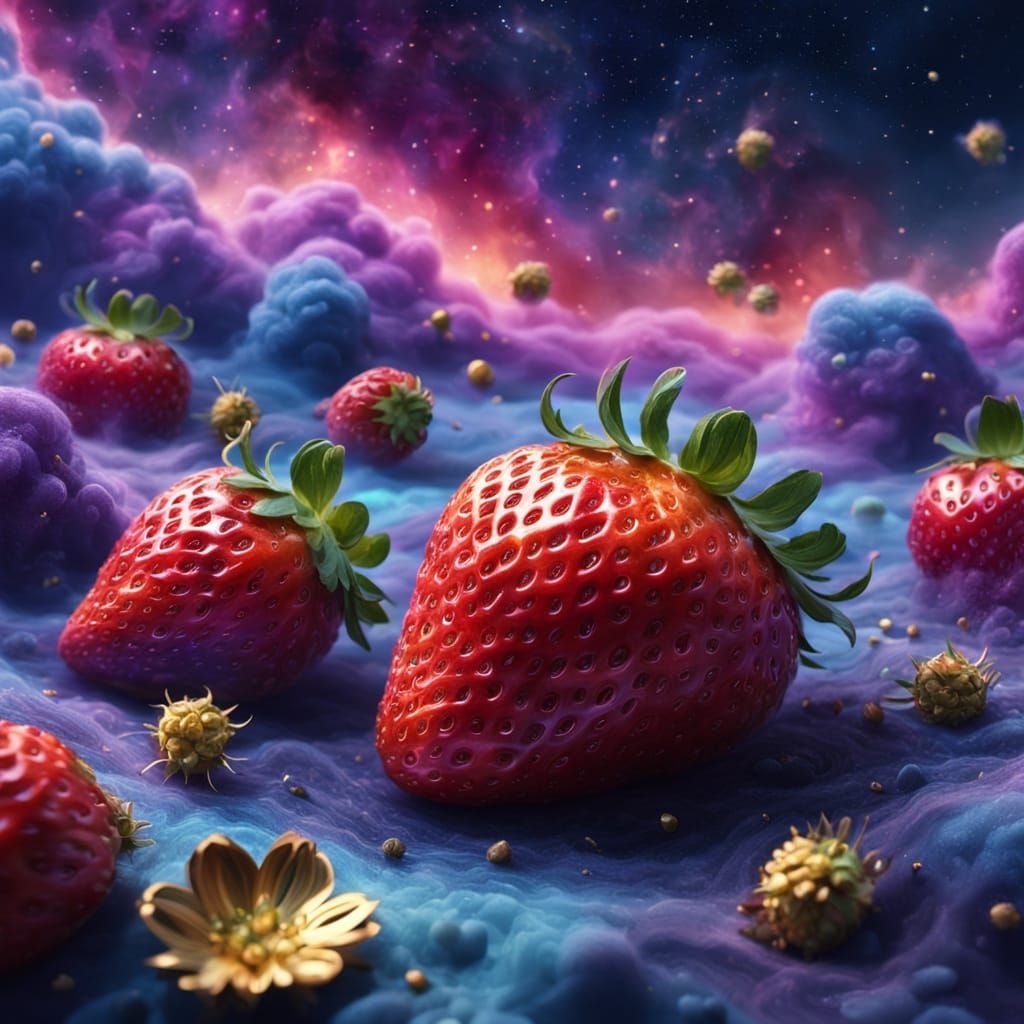 Strawberry Transforms into Cosmic Nebula in Vibrant Digital ...