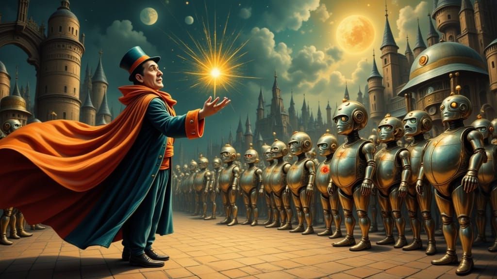 Magician Hypnotizes Robots in Surreal Digital Painting