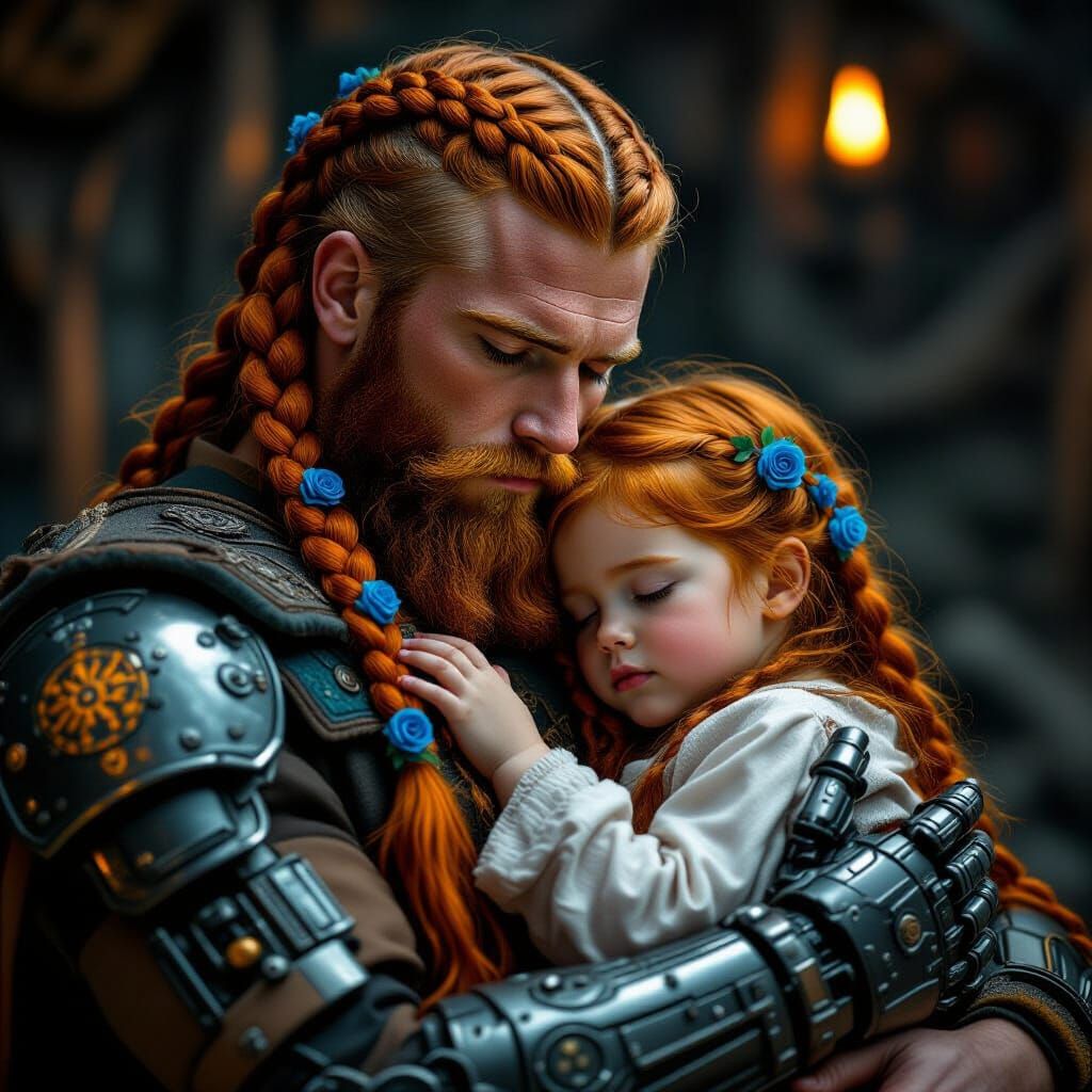 Viking Father Cradles Daughter: Cinematic Film Still