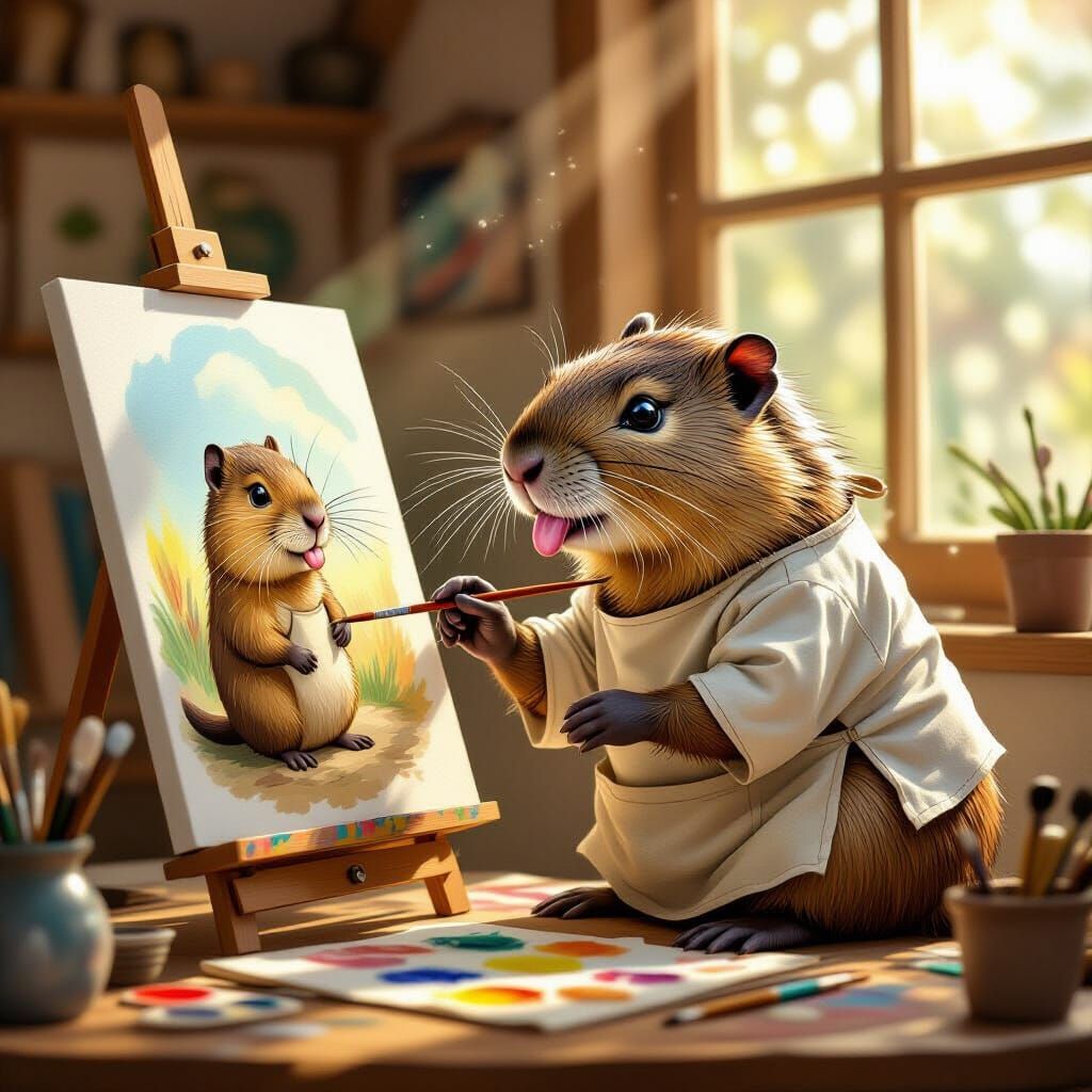 Nutria Artist Paints Masterpiece in Cozy Studio