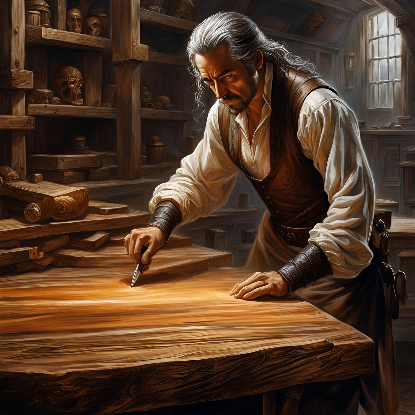 Woodworker Sanding a Table in Dark Fantasy Style