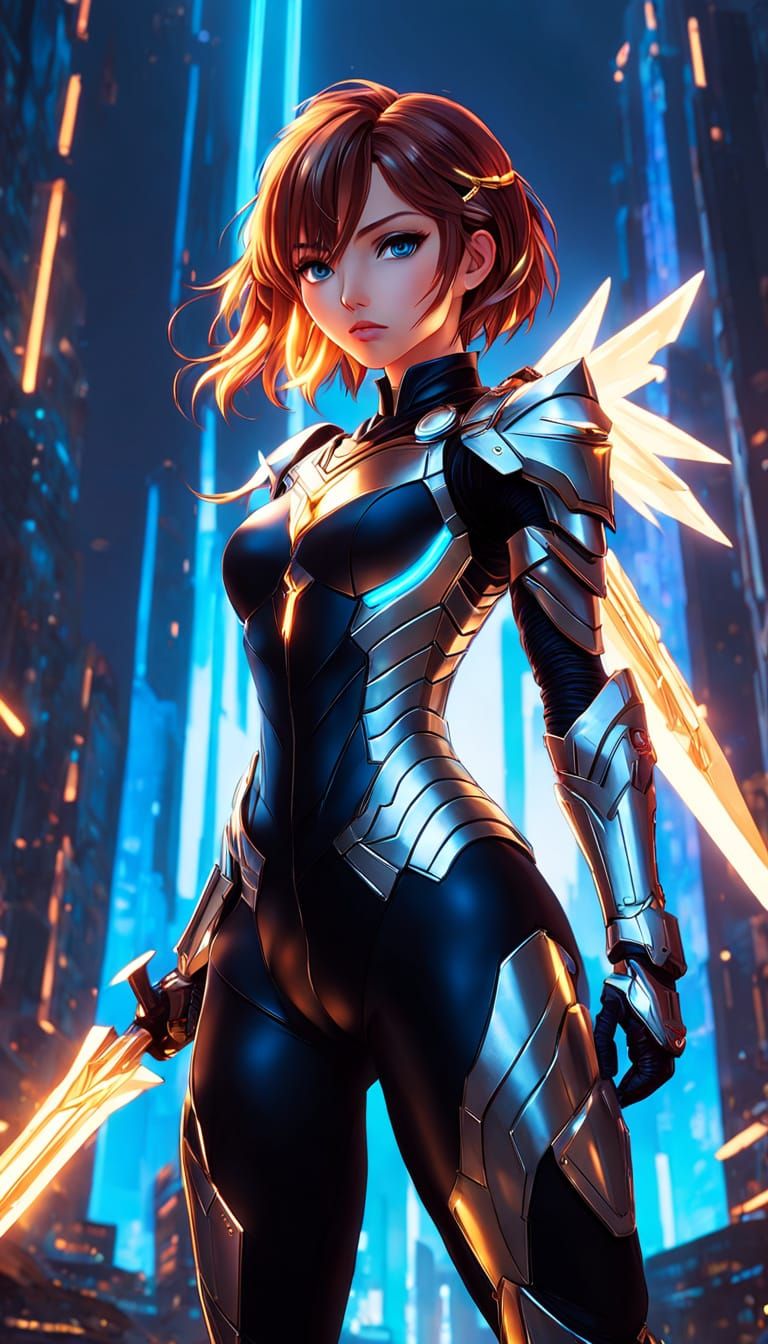Heroic Girl Wields Epic Blade in Futuristic Armor