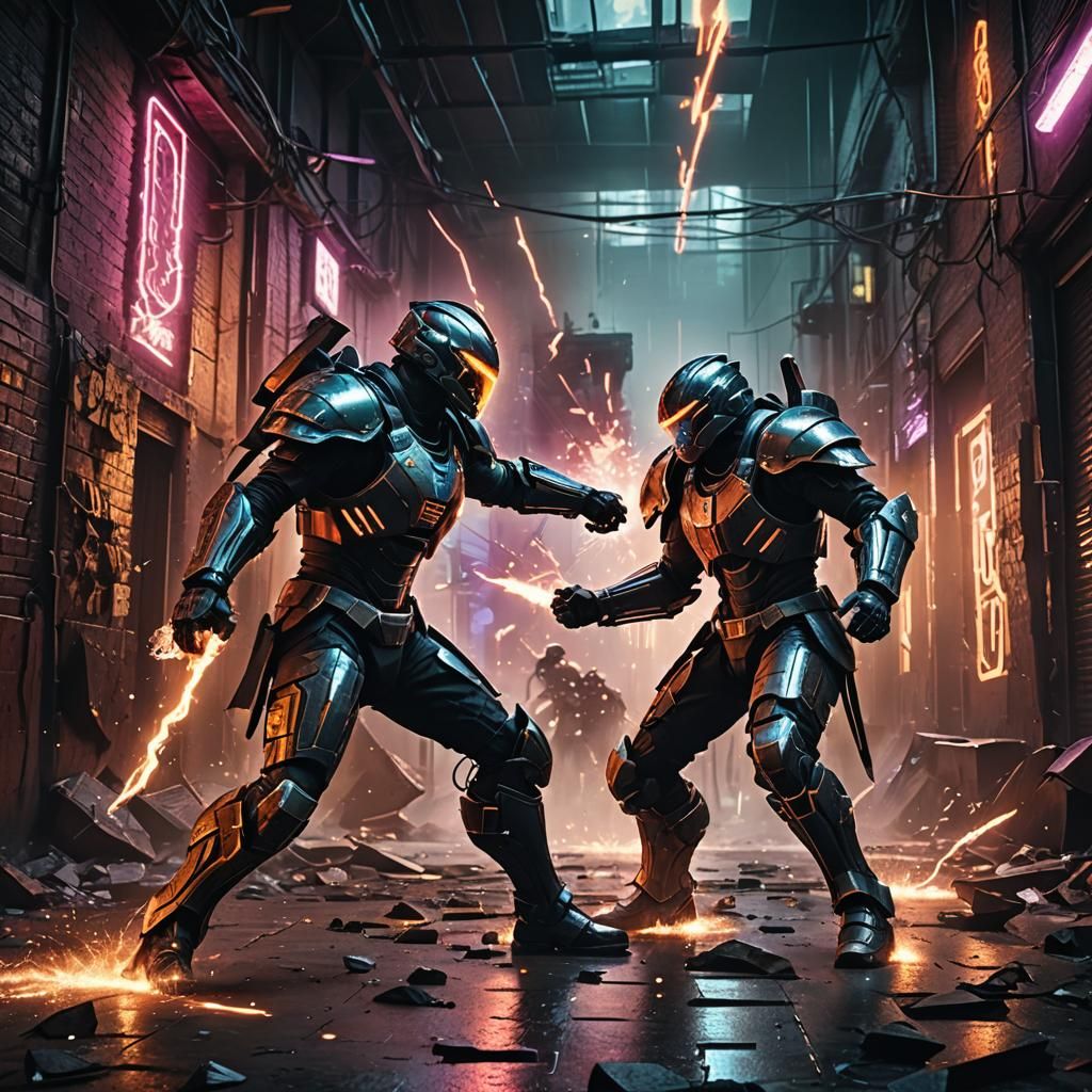 Futuristic Warriors Clash in Neon-lit Alleyway