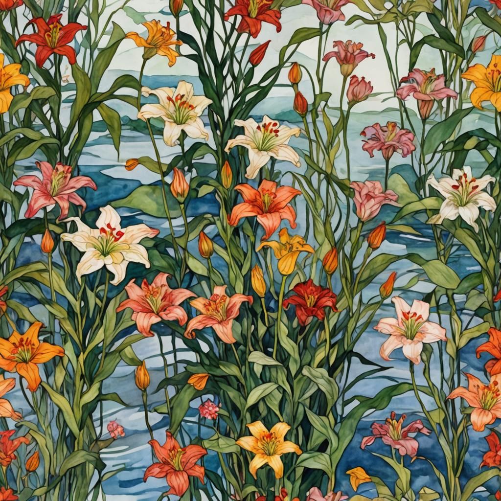 Flowers, lilies on a long stems swaying on the wind by the s...