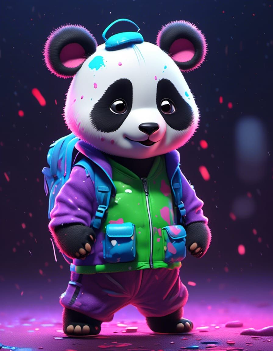 Cute Panda in Neon Splatter Graffiti Style