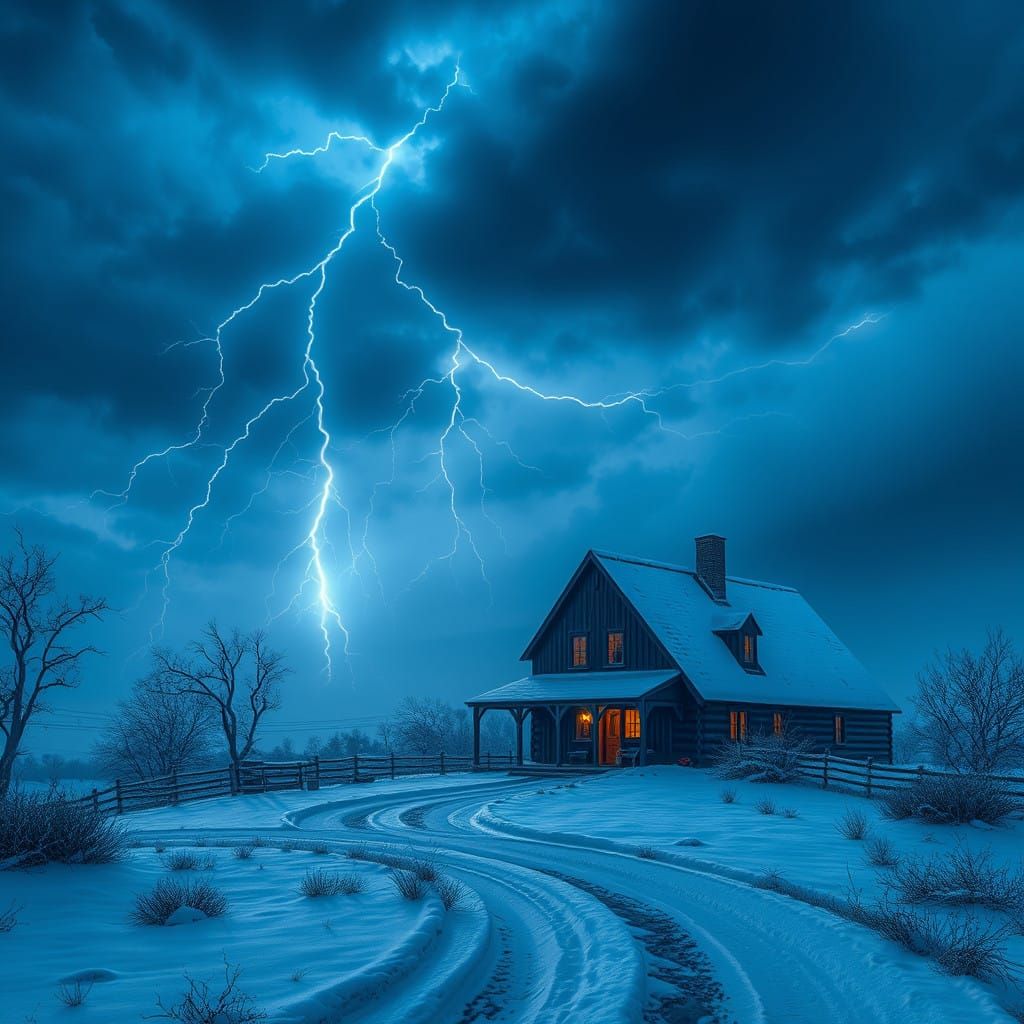 Fantastical Farmhouse Under Stormy Night Sky