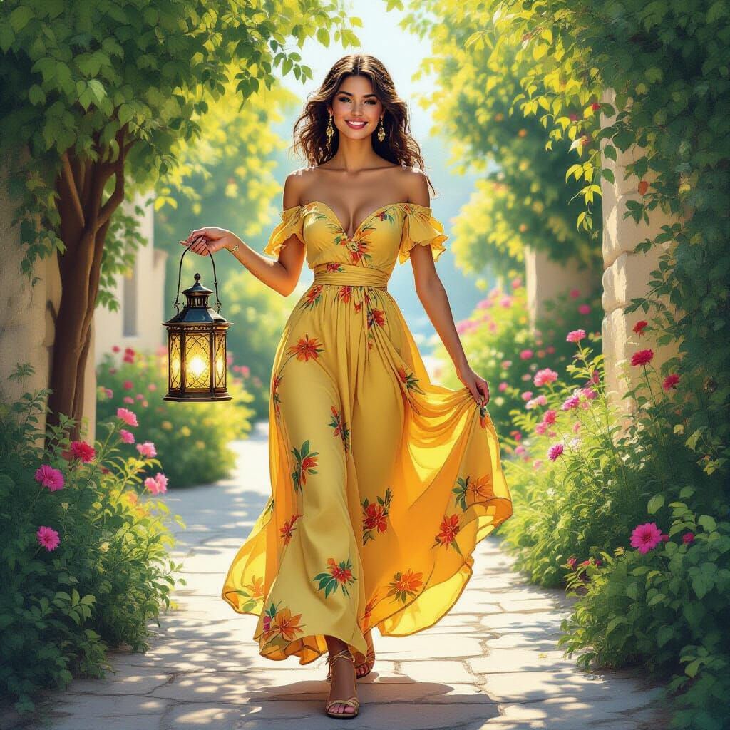 Elegant Woman with Lantern in Dreamlike Style