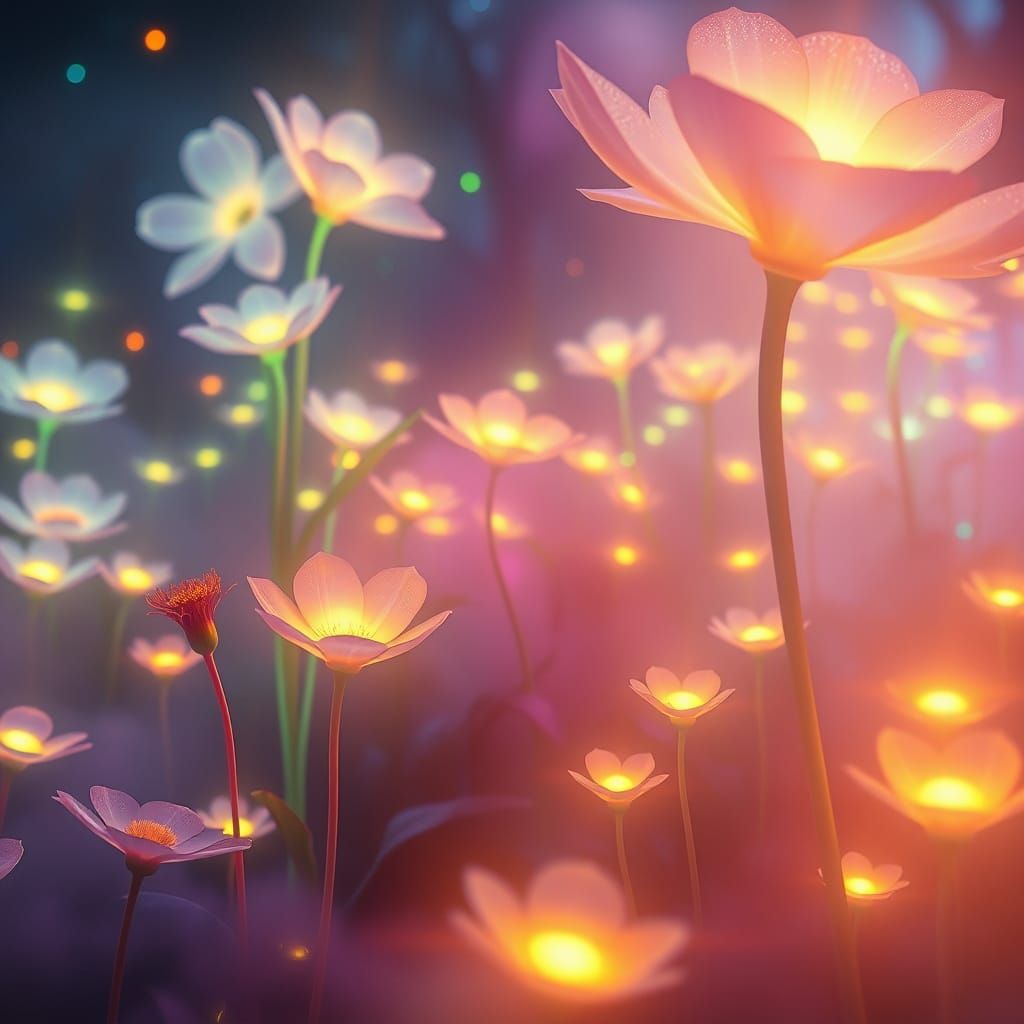 Ethereal Light Garden: Cosmic Glow on Dreamlike Landscape