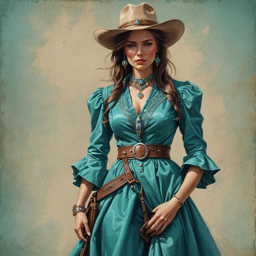 Wild West Lady in Turquoise Dress, Realistic Illustration