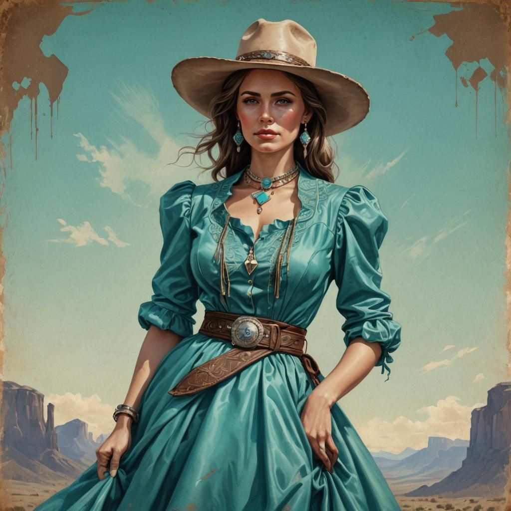 Wild West Lady in Turquoise Dress Illustration