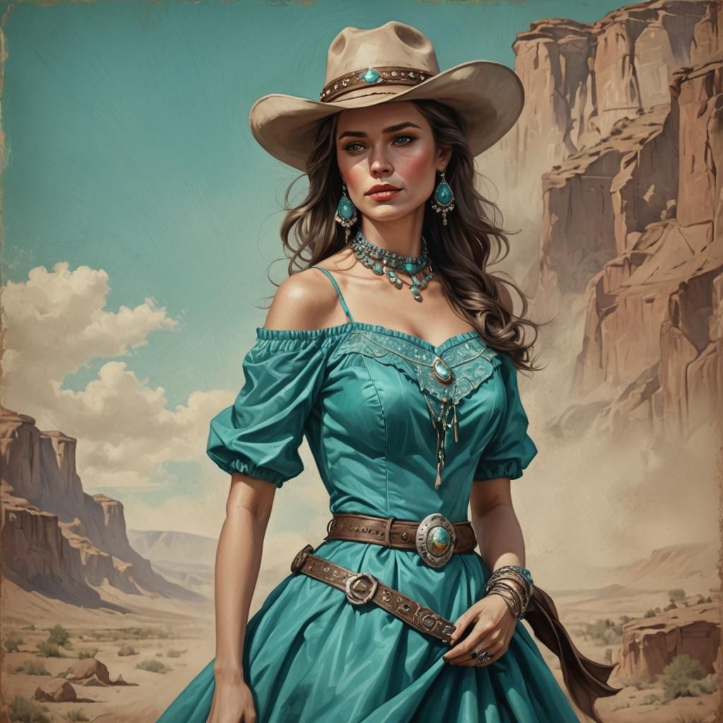 Lady in Turquoise Dress, Realistic Wild West Illustration