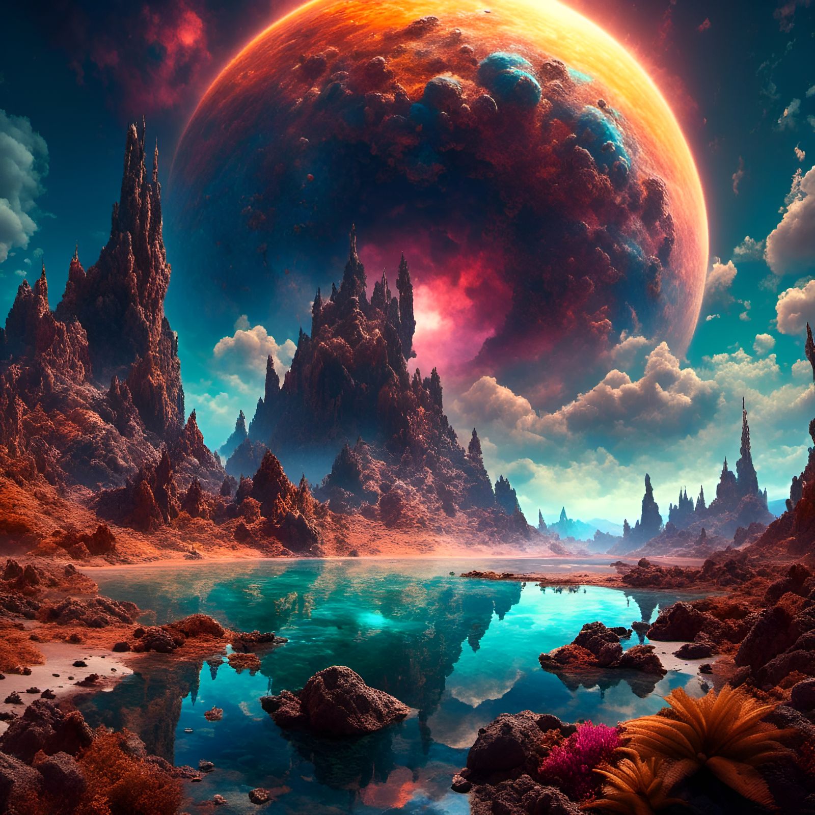 Nebula Lit Volcano Cove with Black Hole Reflection