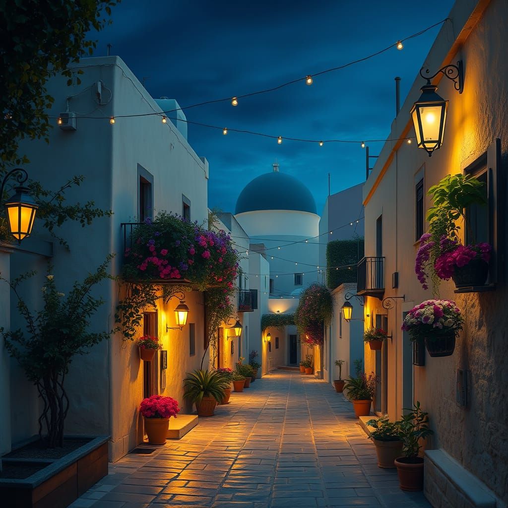 Idyllic Greek Isle Under Midnight Blue Sky