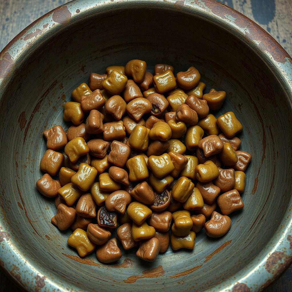 Hyperrealistic Rancid Dog Food in Rusted Bowl