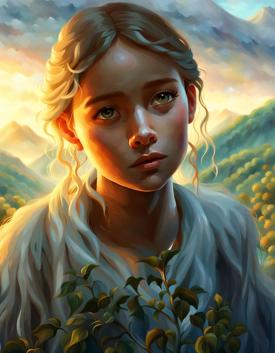 Ethereal Girl in Misty Mountains: Digital Art