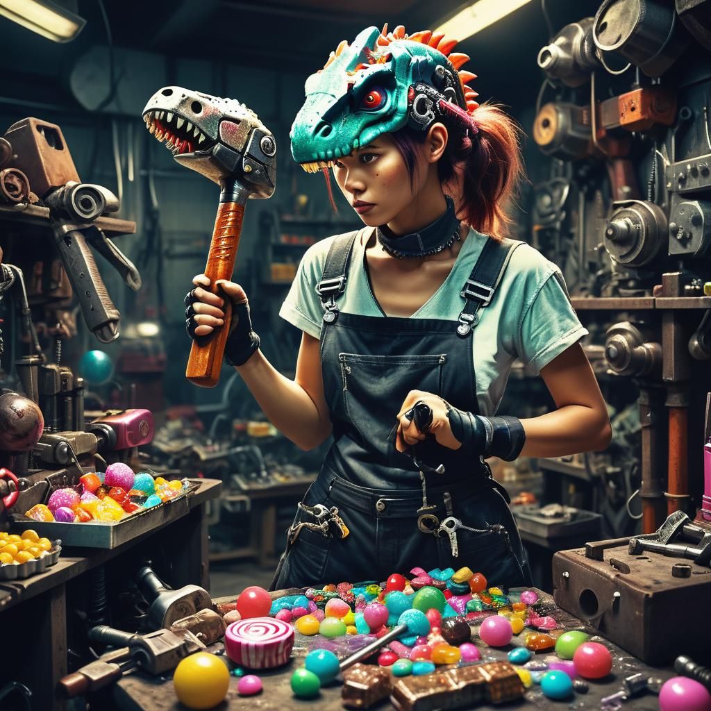 Cyborg Dinosaur Mechanic in Neon Punk Style