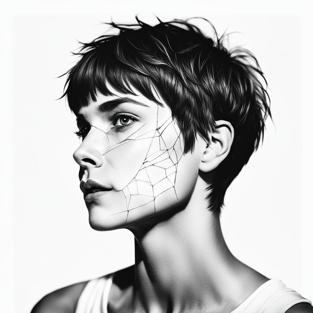 Woman with Pixie Cut: Black and White Line Art