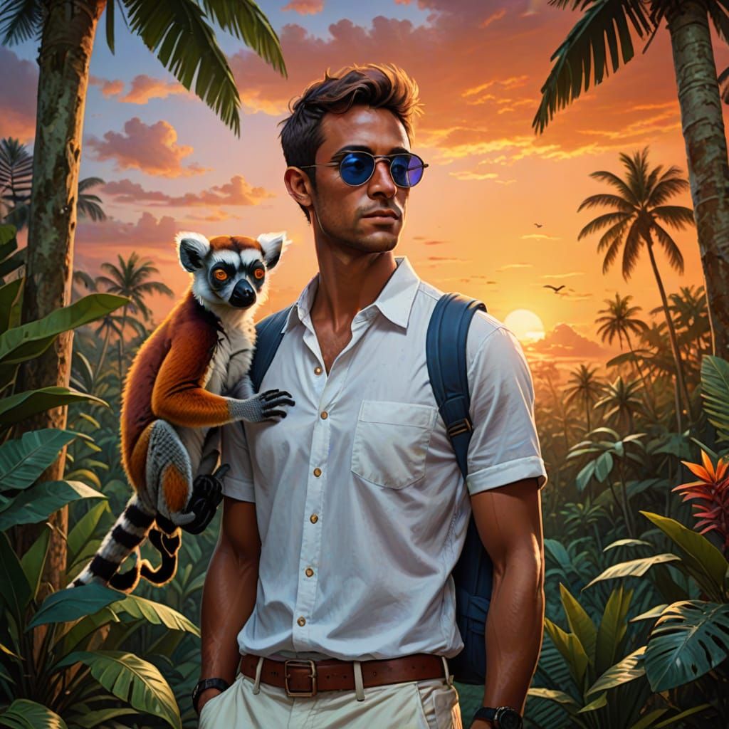 Hyperrealistic Portrait of a Young Man with a Lemur