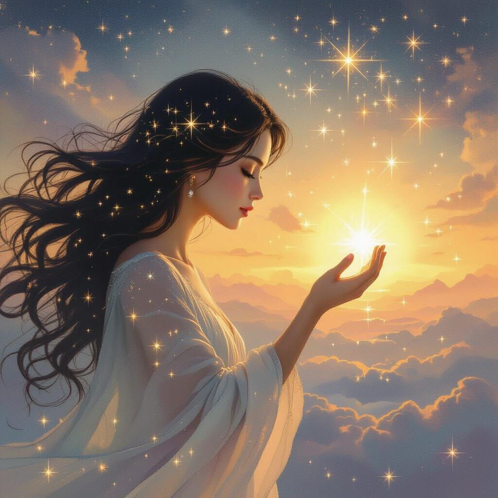 Celestial Woman Extinguishing Stars Illuminating Dawn