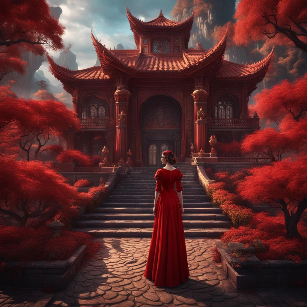 Woman in Red Dress: Detailed Matte Painting
