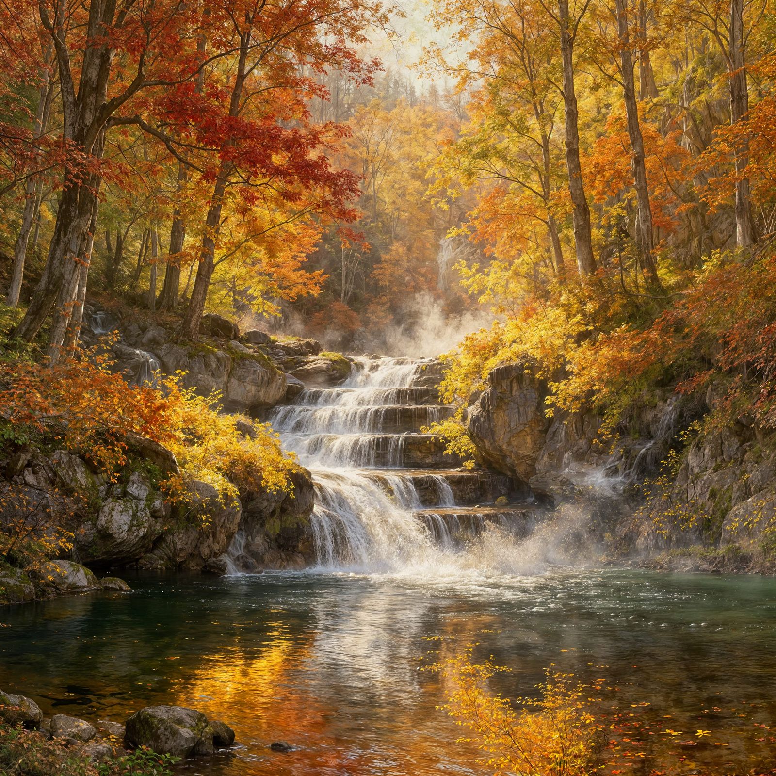 Autumn Forest Waterfall in Soft, Magical Light