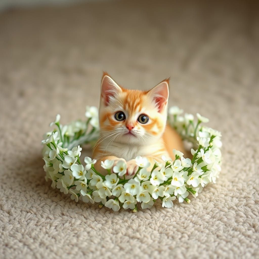 Adorable Kawaii Cat in a Delicate Flower Crown