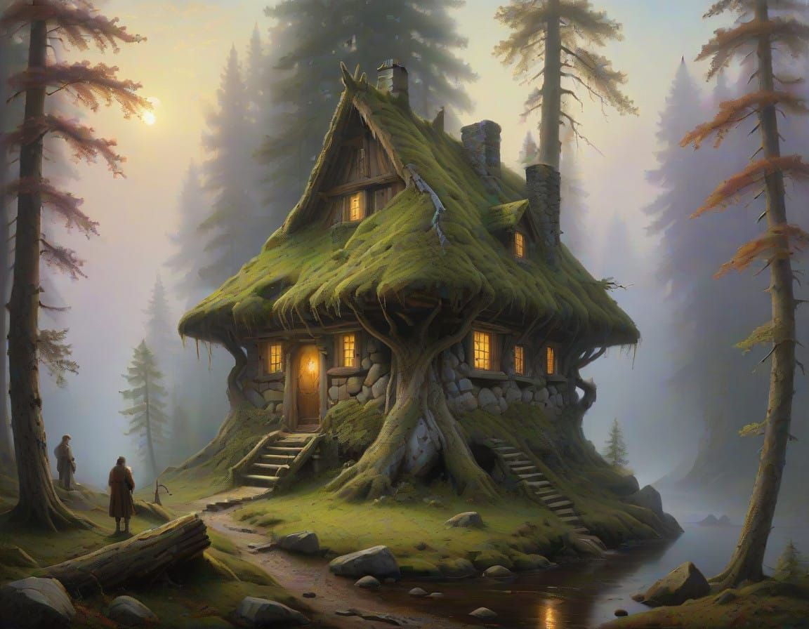 Ancient Germanic Forester's Lodge in a Dark, Primeval Evergr...