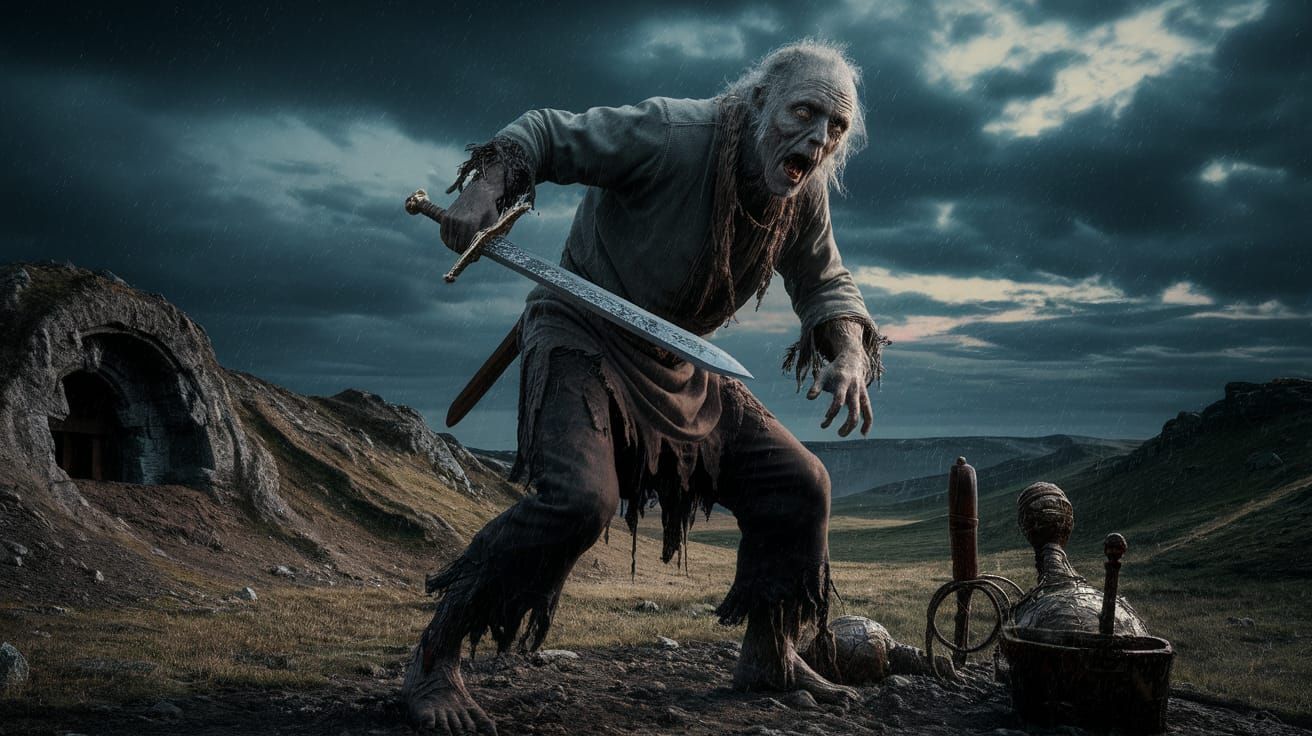 The draugr Kar the Old guarding his Icelandic burial mound i...