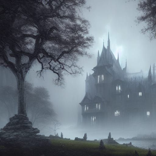 White Gothic Castle in Dark Fantasy Landscape