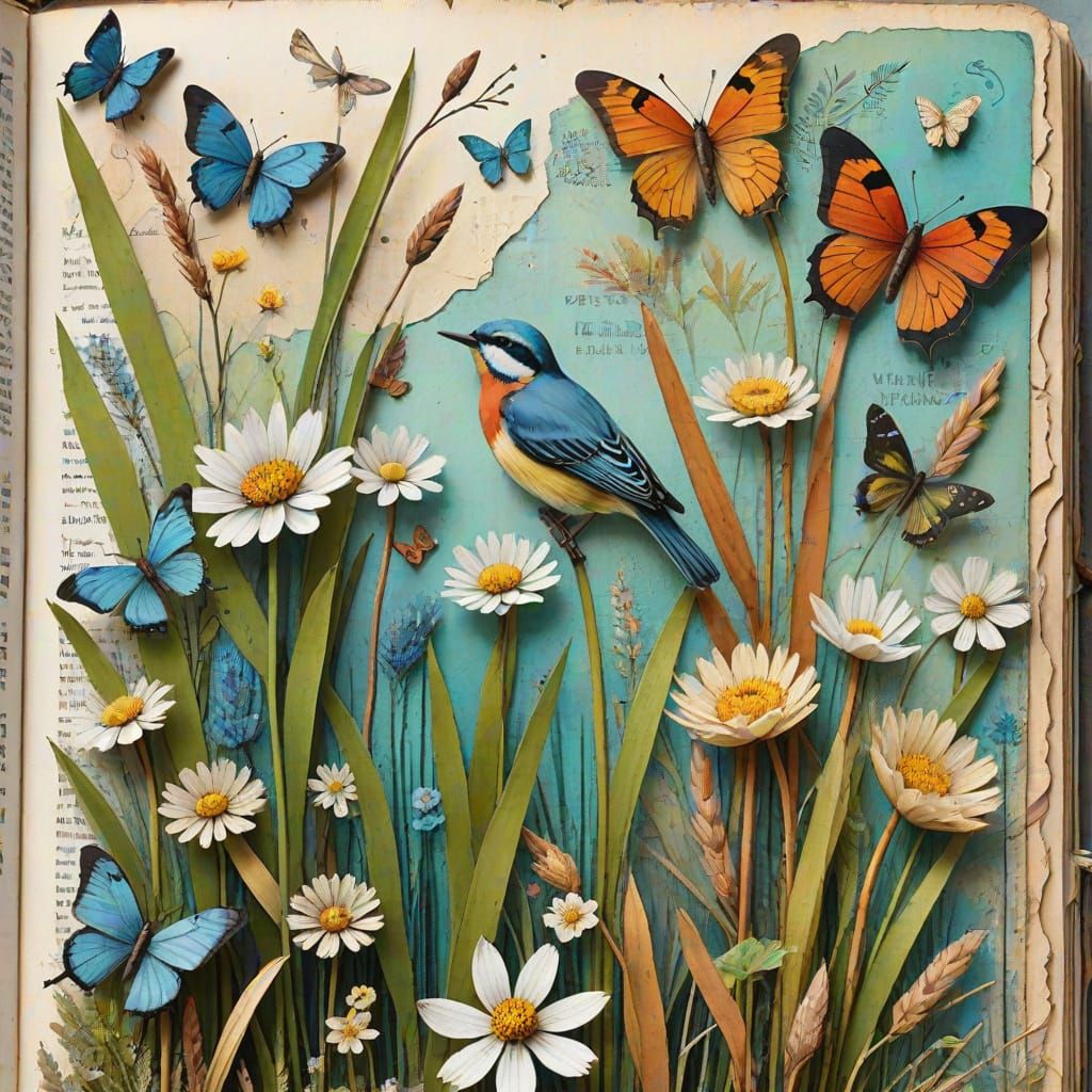 Whimsical Folk Art Junk Journal Page With Nature Elements
