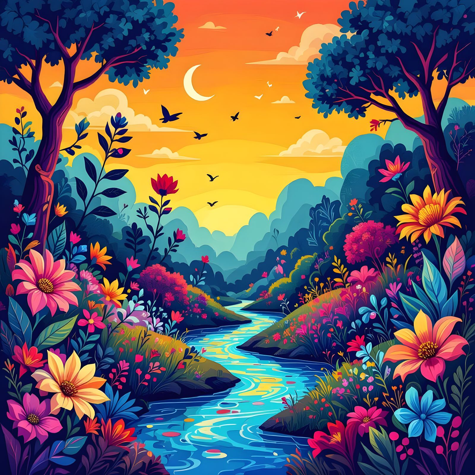 Vibrant 2D Scene with Bold Lines and Patterns