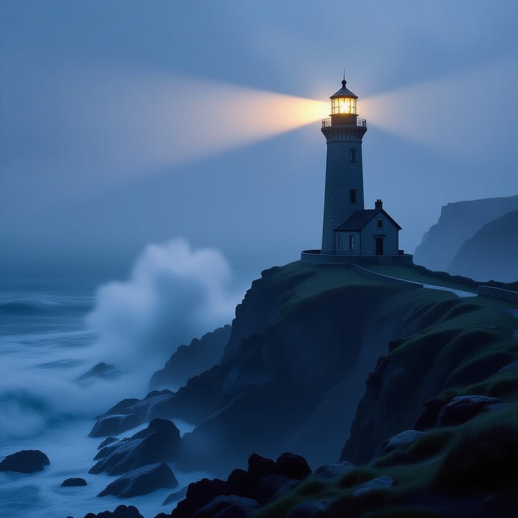 Ancient Lighthouse Beam Pierces Mysterious Fog on Rugged Coa...
