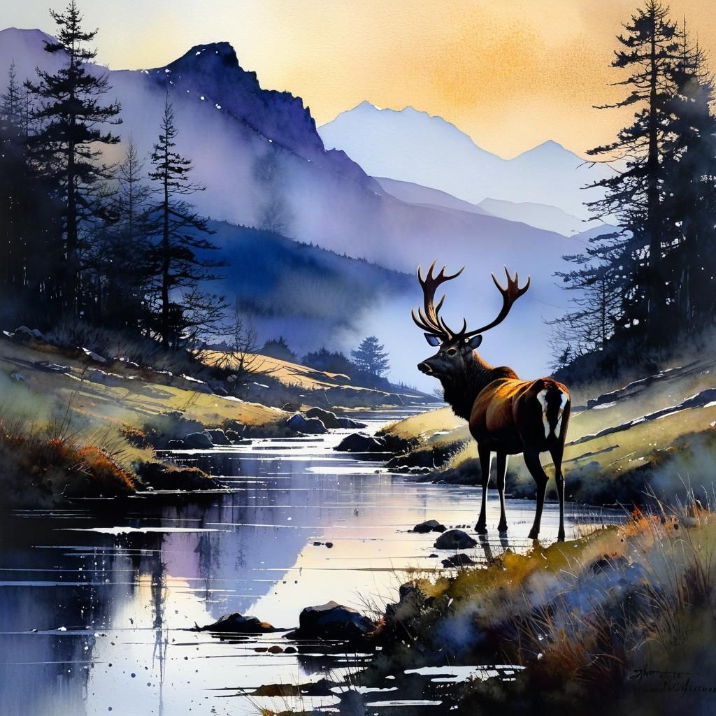 Highland Stag at Dusk: Hyperrealistic Watercolor Painting